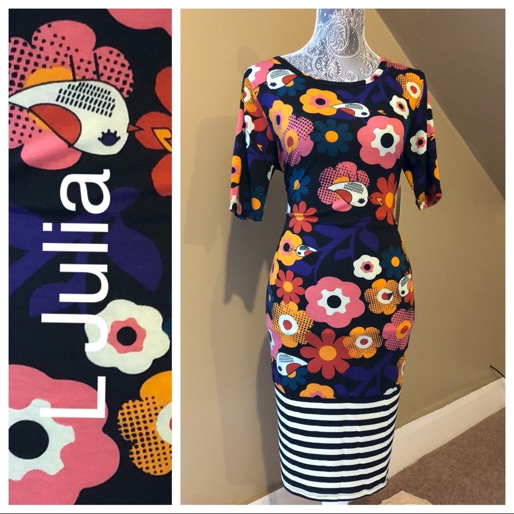 Lularoe Julia L with large flowers and birds